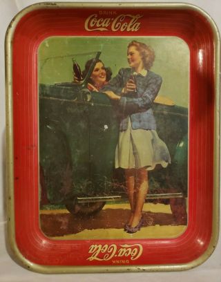 Vintage 1942 Coca - Cola 2 Girls At A Car Serving Tray Steel
