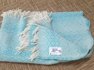 Vintage Mcm Turquoise Blue Amana Woolen Mills Wool Large Throw Blanket Made Usa