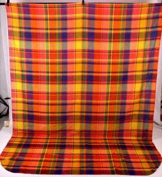 Vintage 80s Bates Bedspread Twin Size Blanket Cover Rainbow Plaid 76 " X 113 "