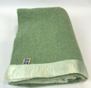 Vintage Wool Blanket Satin Trim Kenwood Green 76 X 64 Twin Throw