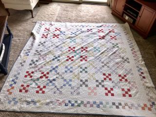 Sweet Well Loved Vintage 9 Square Hand Stitched Quilt 83”x 84”