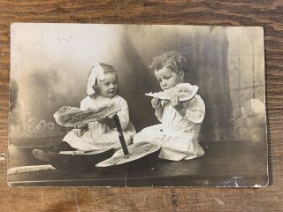 C.  1900 Depression Children Eating Watermelon W Knife Rppc Real Photo Postcard