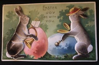 Humanized Felt Rabbits Playing Musical Instruments Novelty Easter Postcard - P519
