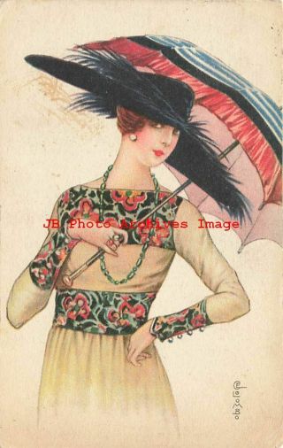 Emilio Colombo,  Vrs No 178,  Glamour Woman Wearing Feathered Hat Holding Umbrella