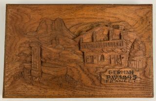 Wwii German Pow Pw Hand Carved Wood Plaque France 1945 Prisoner Of War Art