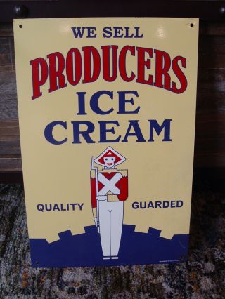 Vintage Tin We Sell Producers Ice Cream Soldier Logo 18 " Advertising Sign