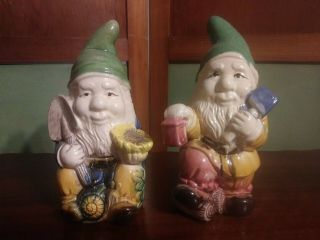 2 Vintage Hand Painted Glazed Ceramic Gnomes