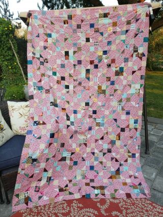 Vintage Quilt Top Made Of Old & Material 87” X 65”