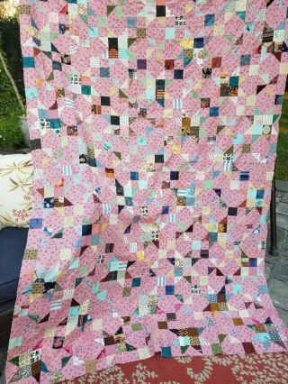 VINTAGE QUILT TOP MADE OF OLD & MATERIAL 87” x 65” 2