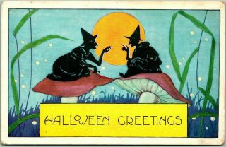 Vintage Whitney Halloween Greetings Postcard Witches Silhouette Toadstools 1920s