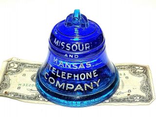 Vintage " Missouri N Kansas Telephone Company " Cobalt Blue Bell Glass Paperweight