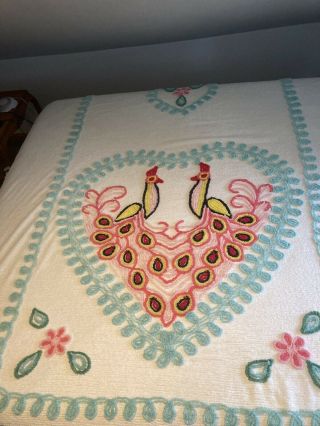 Gorgeous Vintage Heart Double Peacock Chenille Bedspread 90” X 100” Vgc