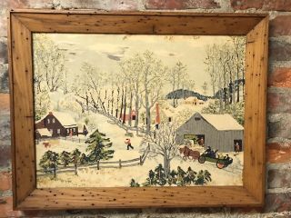 Vintage Early Springtime On The Farm Grandma Moses Fabric In Wormy Wood Frame