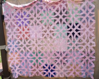 Vintage Hand Stitched Quilt Top In Pink With Circles