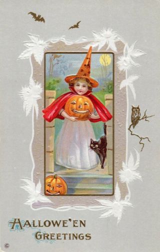 Vintage Halloween Greetings,  Girl In Witches Costume With Pumpkin And Black Cat