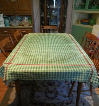 Vintage Craft Green Check Gingham Tablecloth 2b Embroidered Red Cherries 53x69 "