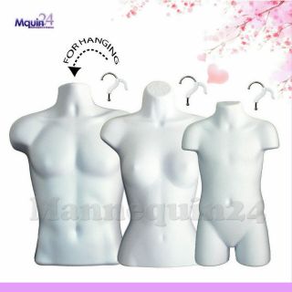 Mannequin Male Female Childs Torso Set - 3 White Plastic Hanging Dress Forms