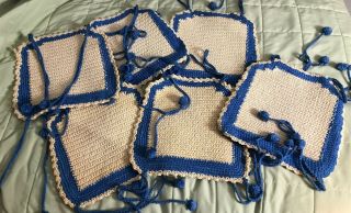 Vintage Crochet Chair Pads Set Of 6 Blue Beige Pom Pom Ties Homemade Country