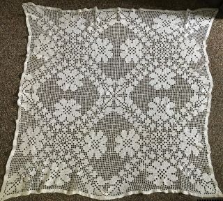 Vintage 40” Square Hand Crocheted Ivory Cotton Lace Tablecloth Topper