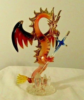 Collectors Hand Crafted Colorful Crystal Dragon With Sword And Ball Ruby Eyes