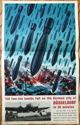 Vintage Wwii Poster 150 British Bombs Fall On Dusseldorf In 50 Minutes