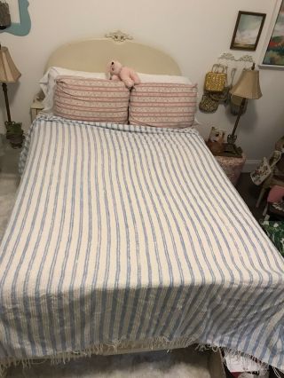Vintage Chenille Blanket / Bedspread King Size Blue & White Lightweight