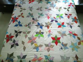 Full Vintage Feed Sack & Old Cotton Hand Sewn Applique Hexagonal Star Quilt Top