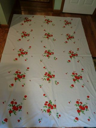 Vintage Wilendure Tablecloth White Red Green Rose Pattern Perfect 62x82