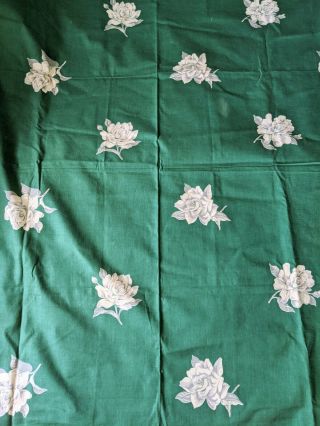 Vintage 1950s Wilendur Green White Roses Floral Print Cotton Tablecloth 50 X 52