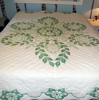 Vtg Handmade Cross - Stitch Quilt Coverlet Bedspread Green Leaves Flower Double Sz