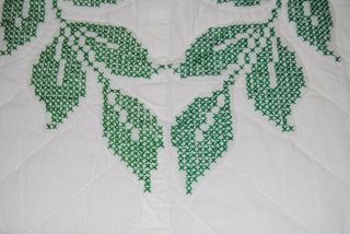 VTG Handmade Cross - stitch Quilt Coverlet Bedspread Green Leaves Flower Double Sz 3