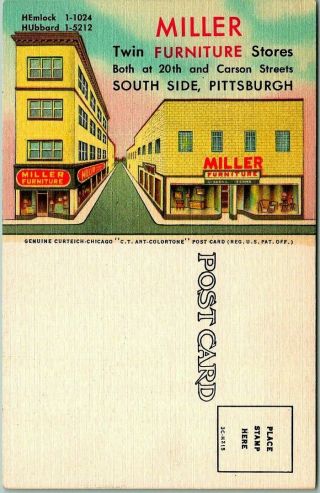 1940s Pittsburgh,  Pa Advertising Postcard Miller Furniture Stores Linen