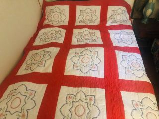 Vintage Handmade Quilt Bedspread Red White Blue Appliqué Flowers Twin Full.