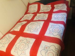 Vintage Handmade Quilt Bedspread Red White Blue Appliqué Flowers Twin Full. 2