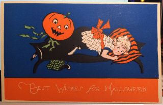 Halloween Post Card 1915 - 25,  Jack O Lantern,  Scared Girl On Couch Graphic Design