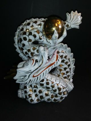 Ceramic Dragon Statue 8 " Gold And White Wingless Chinese Loong Prosperity Luck
