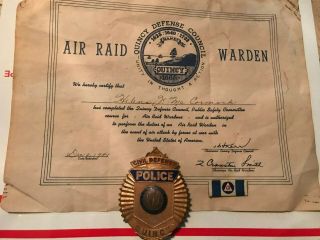 U.  S.  Civil Defense Quincy Mass.  Badge & Air Raid Certificate Plus Related Items