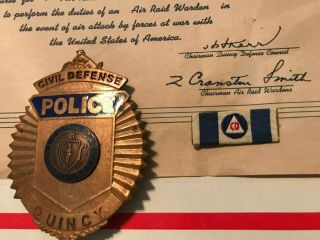 U.  S.  Civil Defense Quincy Mass.  Badge & Air Raid Certificate plus Related Items 3