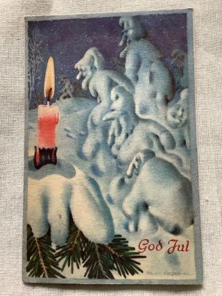 Vintage Christmas Swedish Postcard God Jul Sweden Gnomes Snow Ghosts Elves Flaw