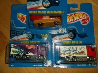 3 Hot Wheels Oscar Mayer Wienermobile,  Kool Aid Hauler,  Delivery Hiway Hauler Blu