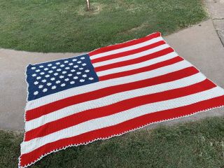Vintage Hand Crochet Very Pretty Large Red,  White & Blue Usa Flag Afghan