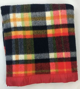 Vintage Acrylic Blanket Satin Nylon Trim Binding Plaid Red Blue Throw 90 X 79