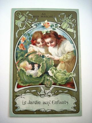 Victorian Era " Au Bon Marche " Trade Card W/ Baby In Cabbage Leaves