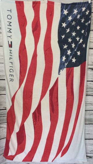 Vintage 90s Th Tommy Hilfiger Spell Out Waving American Flag Beach Towel R/w/b