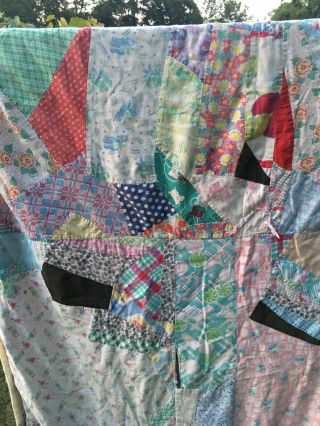 Vintage Handmade Crazy Quilt Lap Blanket Small FLAWED WORN 36X68 Feedsack? 2