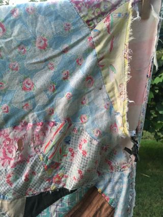 Vintage Handmade Crazy Quilt Lap Blanket Small FLAWED WORN 36X68 Feedsack? 3
