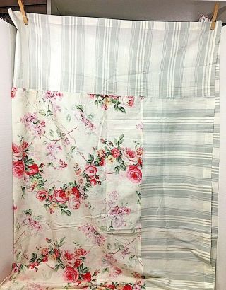 Vintage April Cornell Pink Roses On Grey Gray Striped Table Cloth 60 X 60 Inches