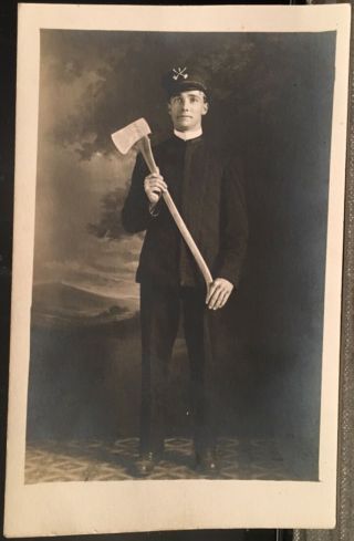 Studio Real Photo Rppc Young Man In Fireman’s Uniform Holds Ax Firefighter