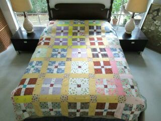 Vintage Machine Pieced All Cotton Four Patch Cross Tied Quilt; 87 " X 66 "