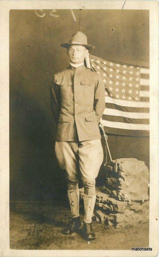 1917 Wwi Military Soldier Army Patriotic Flag Rppc Real Photo Postcard 11561